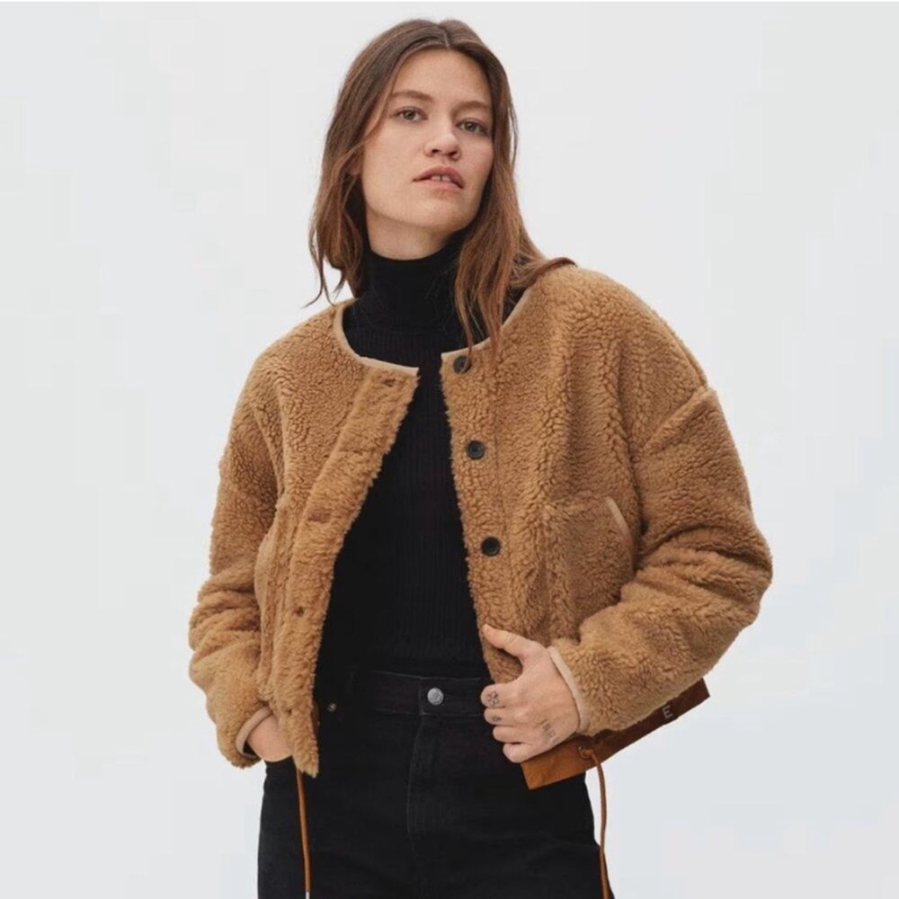 NEW Everlane The Renew Teddy Liner Sherpa Cozy Camel Button-Up Oversized Jacket